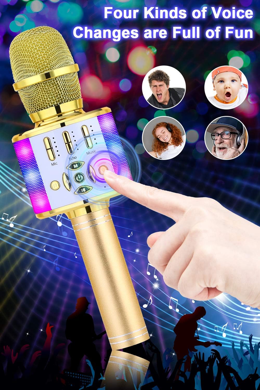 Kabelloses Bluetooth-Kindermikrofon mit LED-Lichtern, Gold