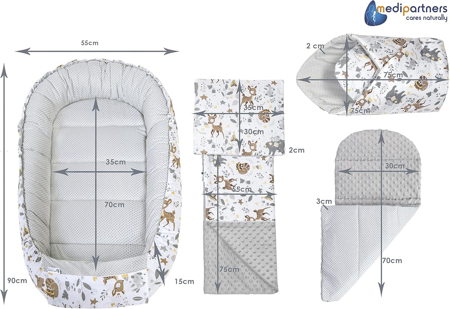 5-teiliges Babynest-Set, Reh mit Grauem Minky