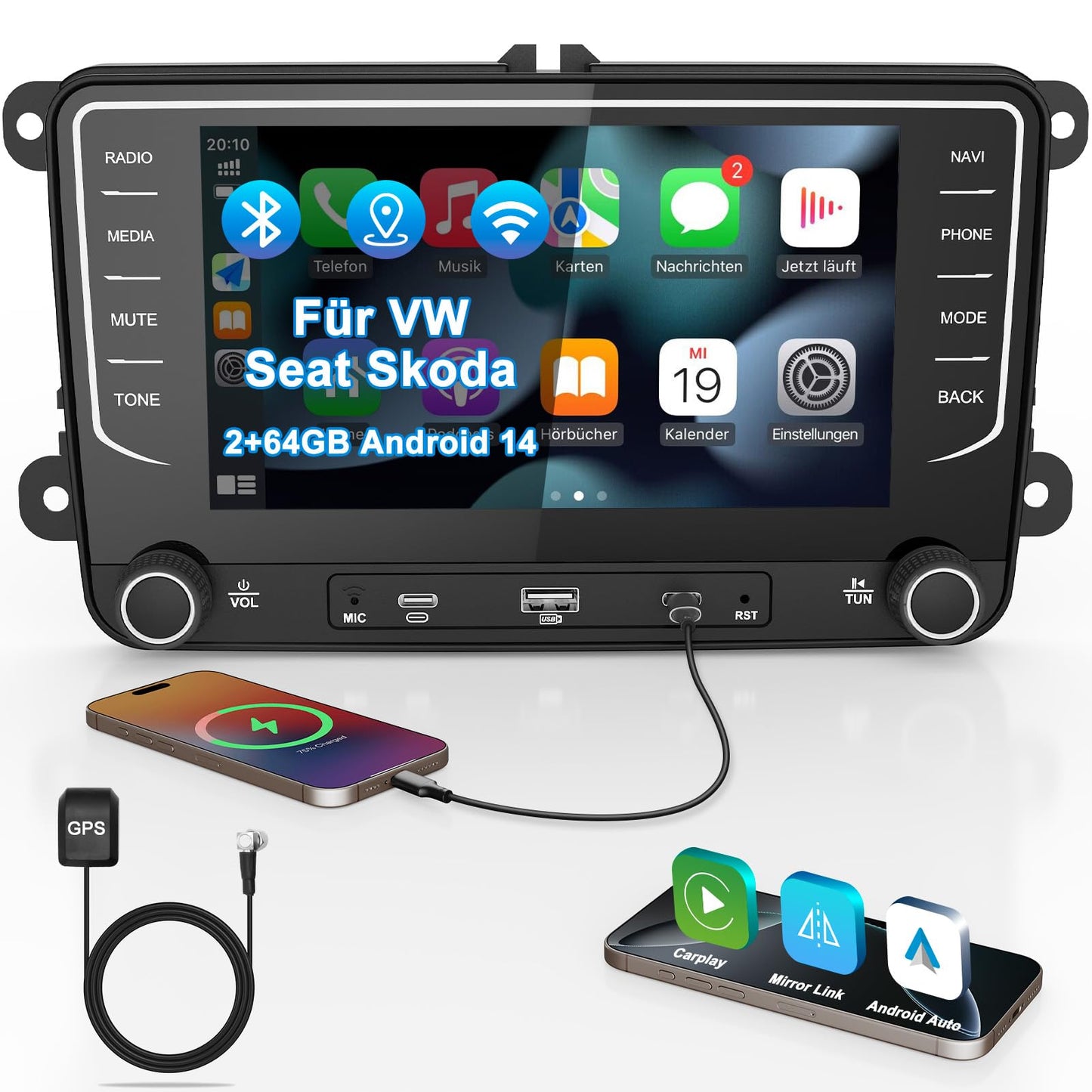 2DIN Autoradio mit Navi, Android Auto und Carplay für VW/Seat/Skoda