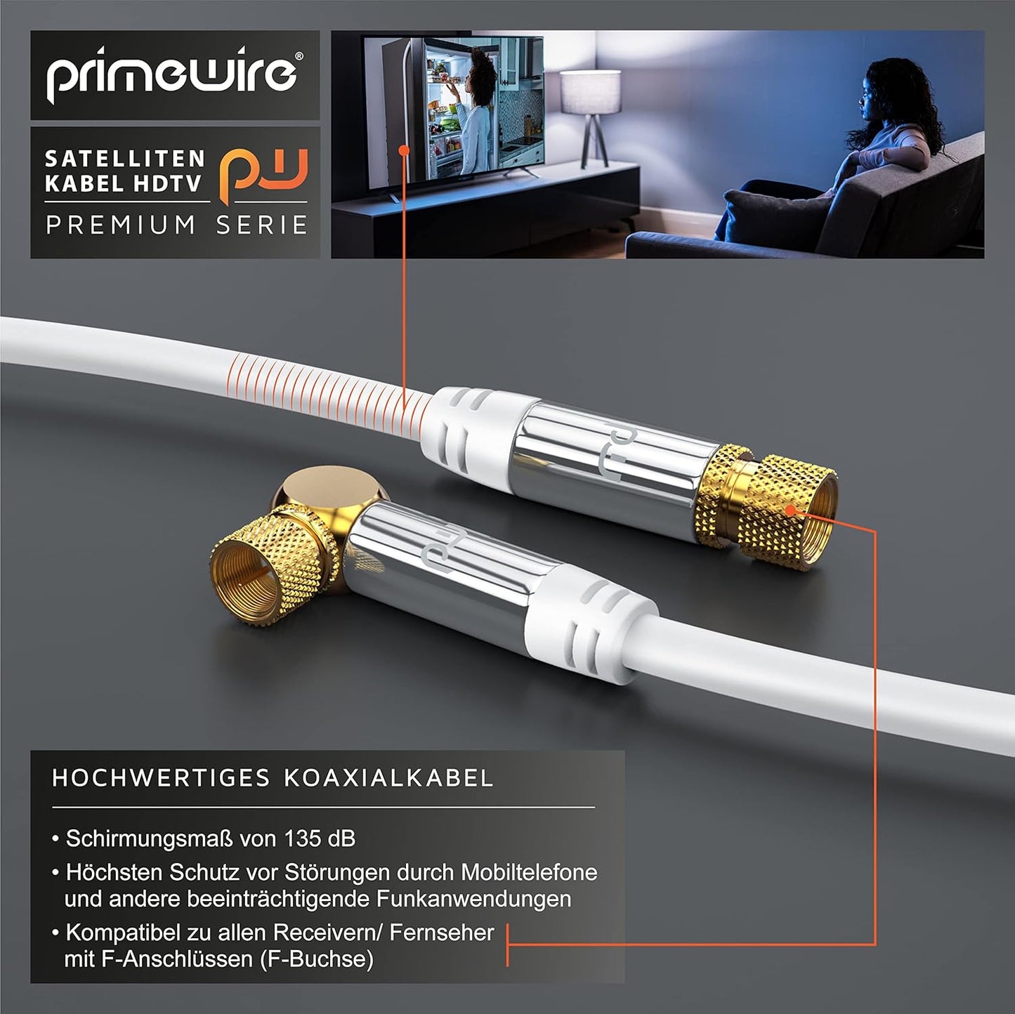Abgewinkeltes SAT Kabel, 7,5m / weiss