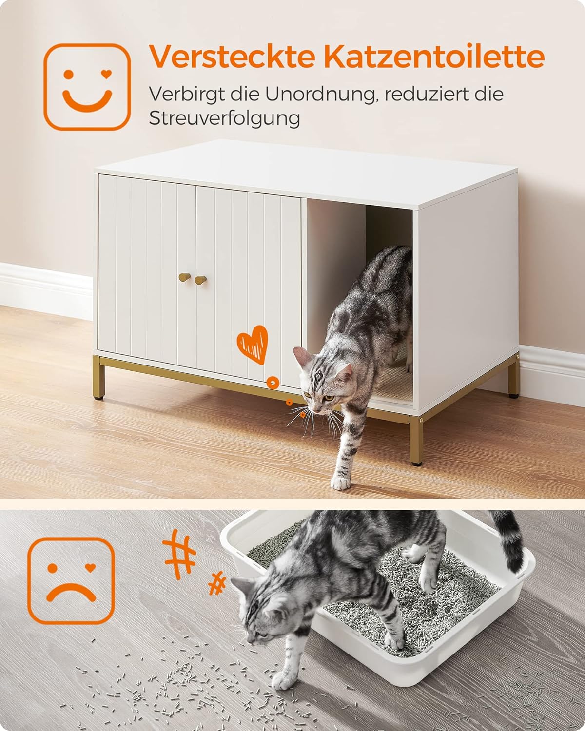 Katzentoiletten-Schrank, 80 x 50 x 55 cm Weiß + Goldfarben
