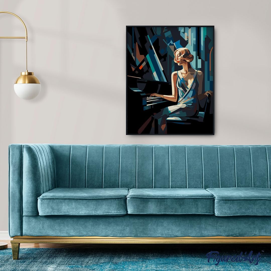 Malen nach Zahlen Set - Art-Deco-Frau am Klavier 40x50cm, Art-Deco-Frau am Klavier 40x50cm Mit Rahmen (bereits gespannt)