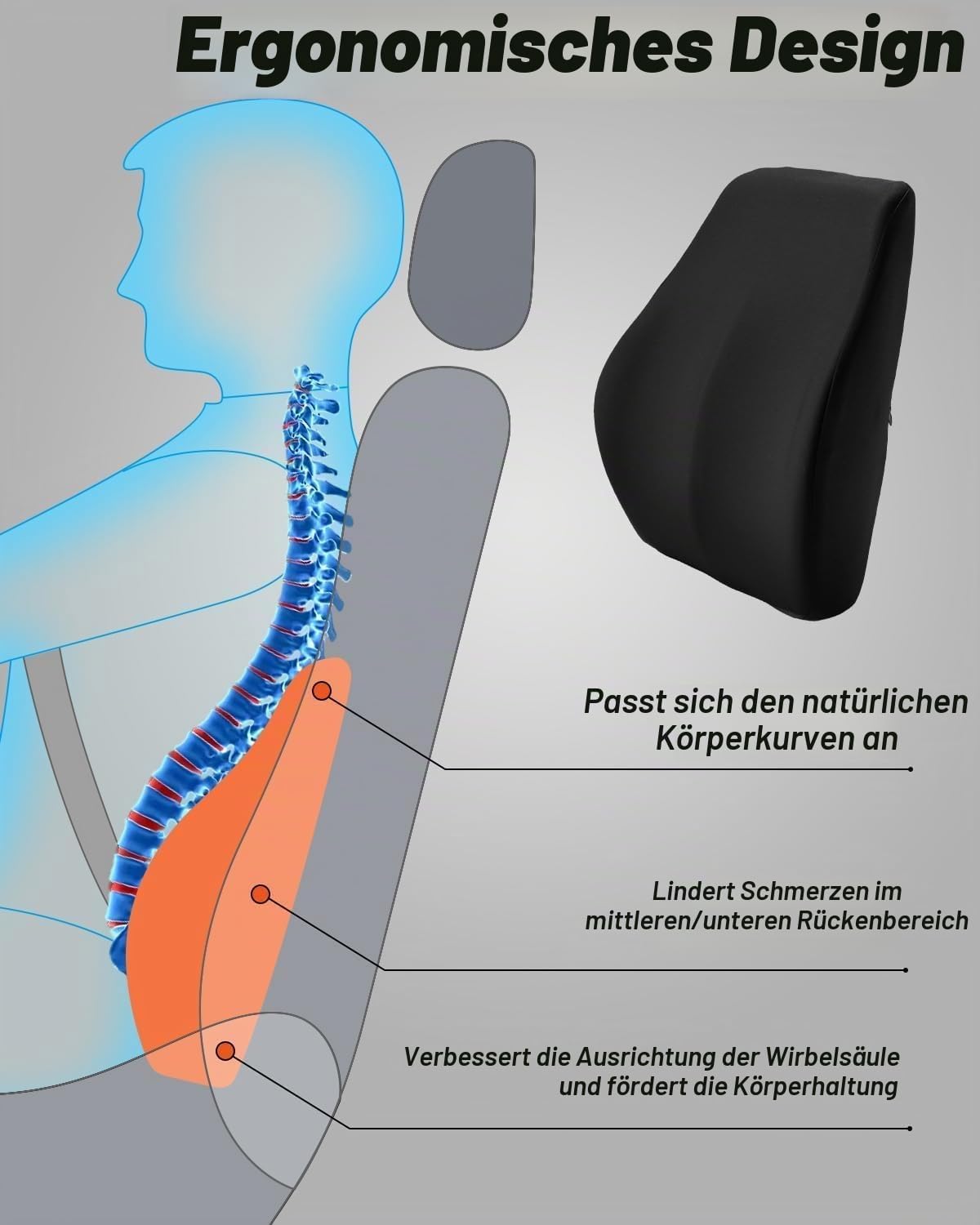 Ergonomisches Lendenkissen aus Memory Foam für Autos und Bürostühle, Schwarz-a Schwarz-A