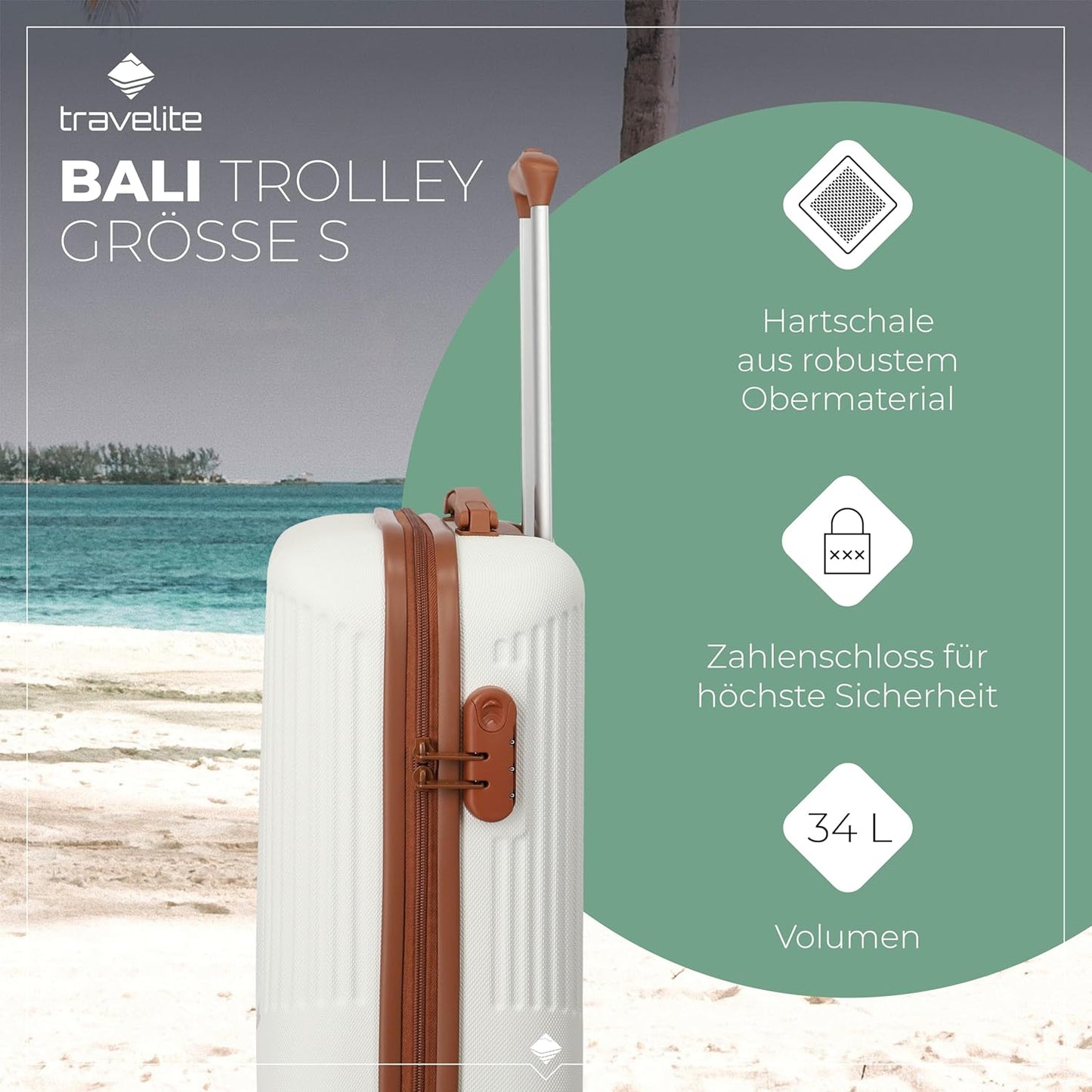Bali 4 Rollen Kabinentrolley S 55 cm, Weiss/Cognac Trolley Handgepäck (55 cm)