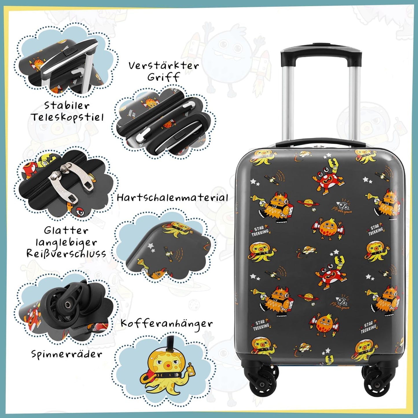 Kinderkoffer-Set mit Rucksack, Koffer-Set 5-tlg Monster
