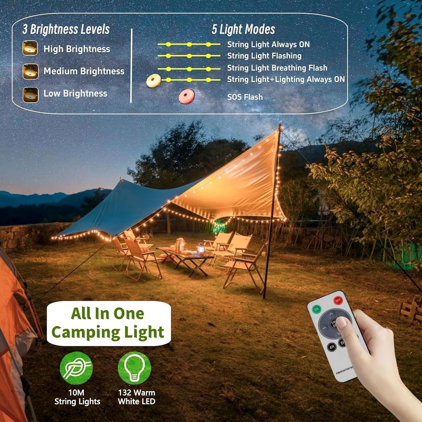 Solar Camping Lichterkette mit USB-Aufladung (10 m), 10M Solar And Usb 1800mah