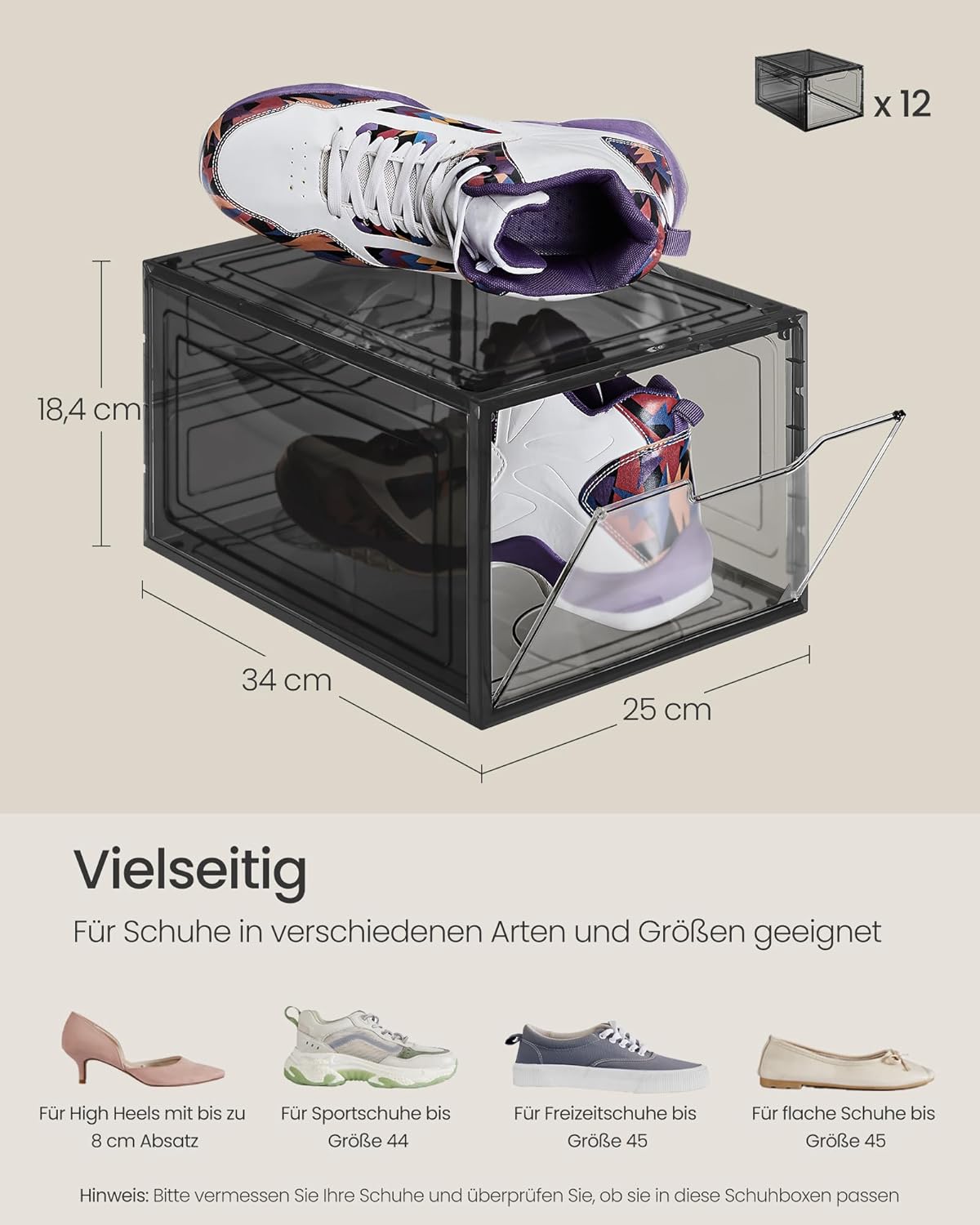 Schuh-Organizer Boxen-Set (12 Stück, stapelbar), Transparentes Schwarz 12