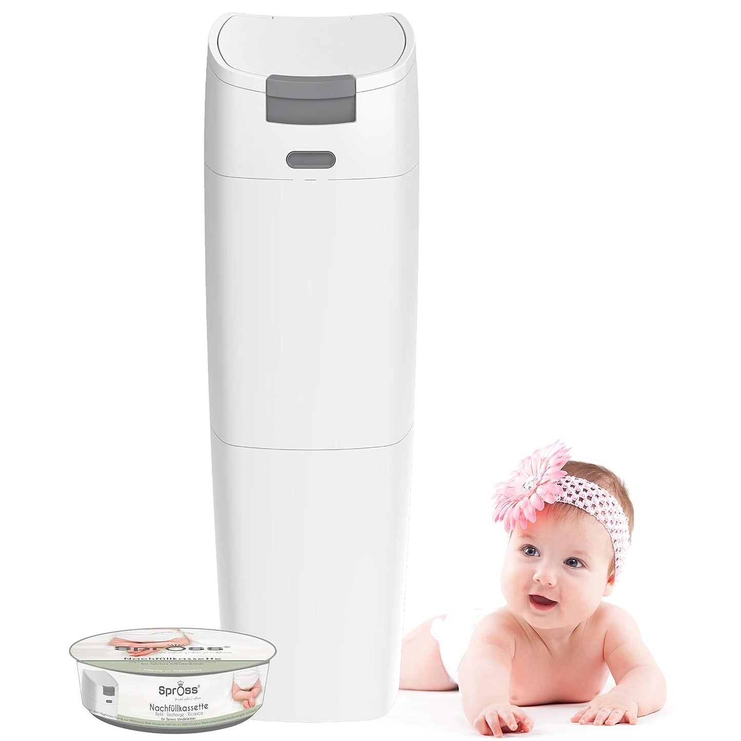 Baby Windeleimer inkl. Nachfüllkassette, 2 Stück (1er Pack) ; weiss-grau