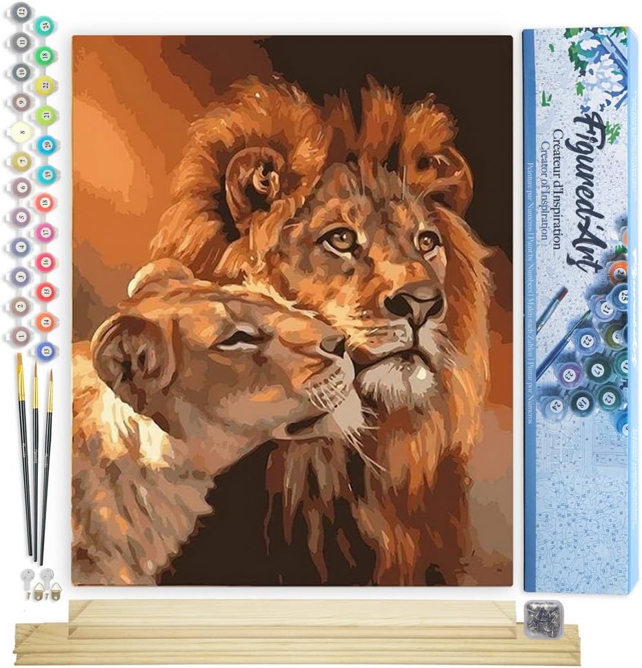 Malen Nach Zahlen Set Löwe und Löwin, Löwe und Löwin Paar 40x50cm Mit Keilrahmen (nicht gespannt)