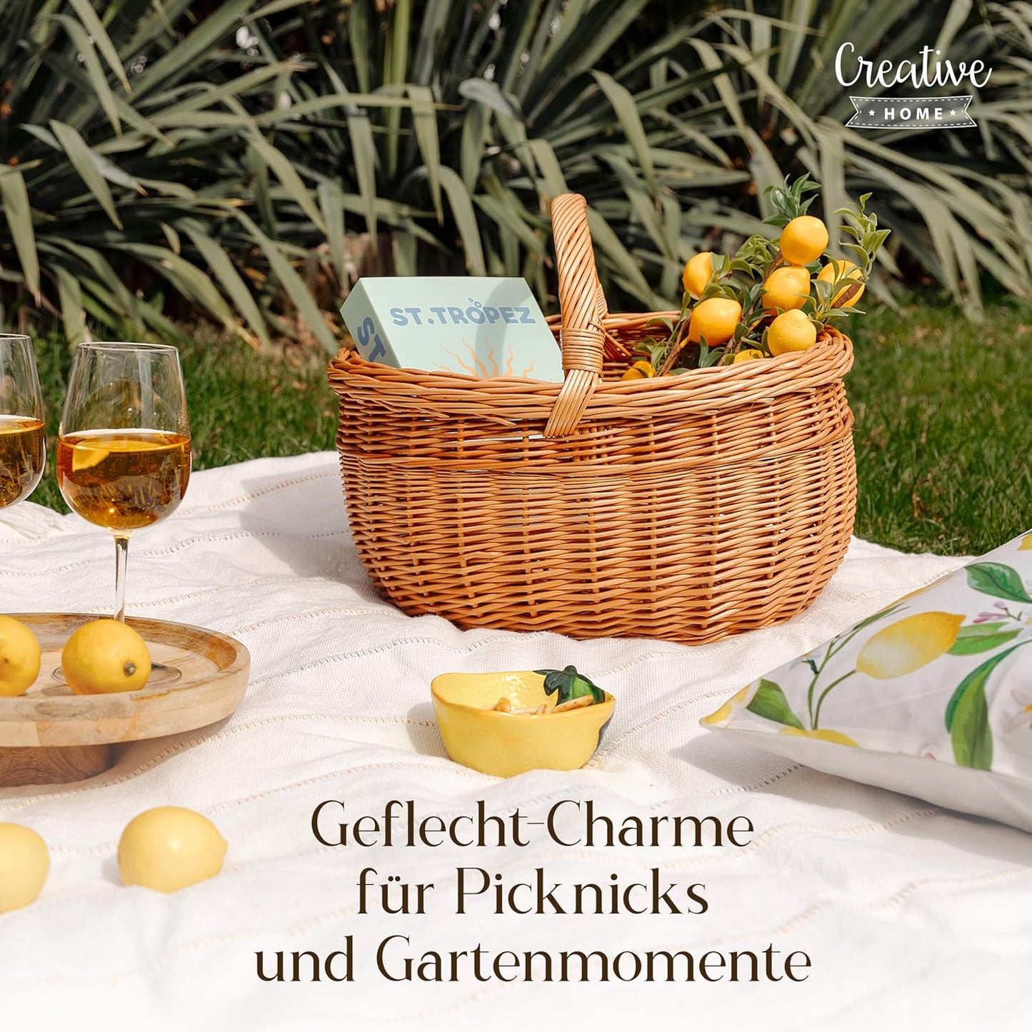Grosser handgeflochtener Picknickkorb mit Henkel, 44 x 33 x 36 cm, Braun