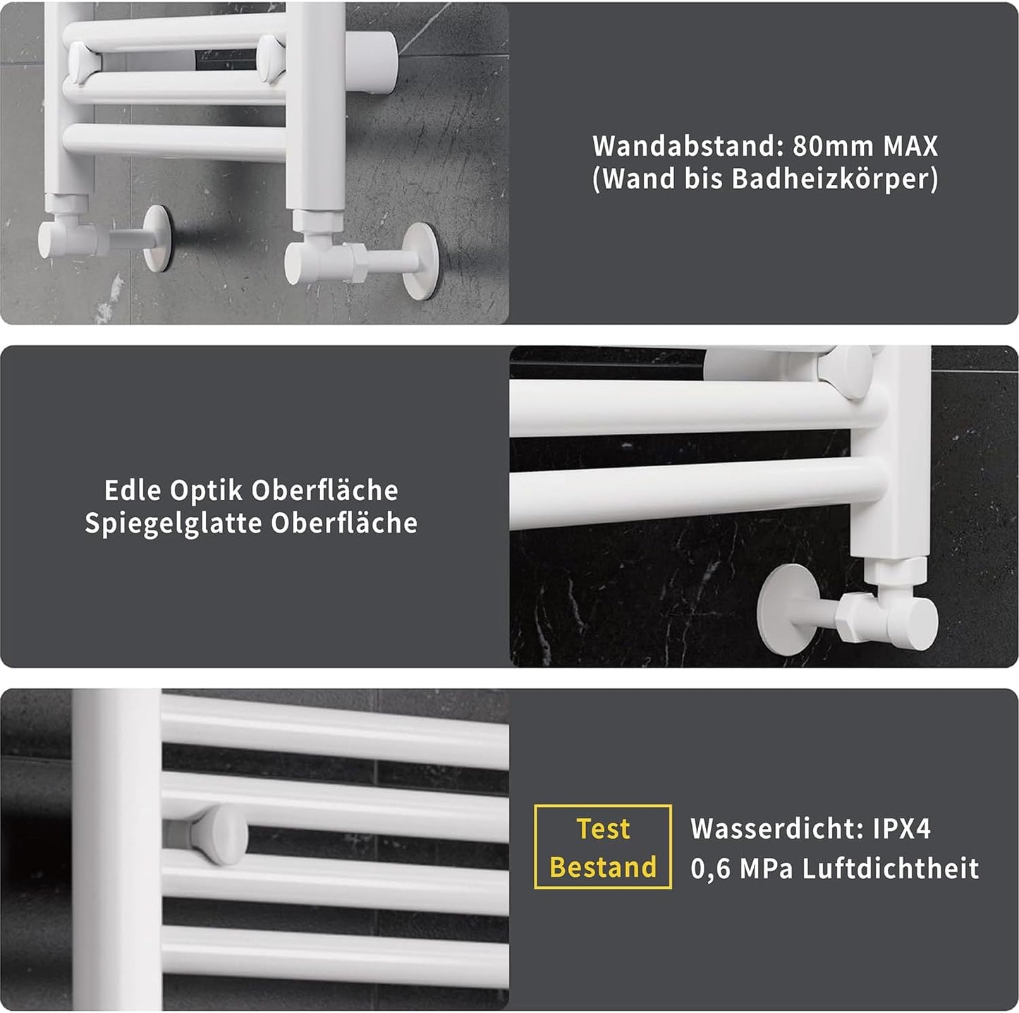 Badheizkörper mit Seitenanschluss 800x500mm, 300W, Weiss 800x500mm