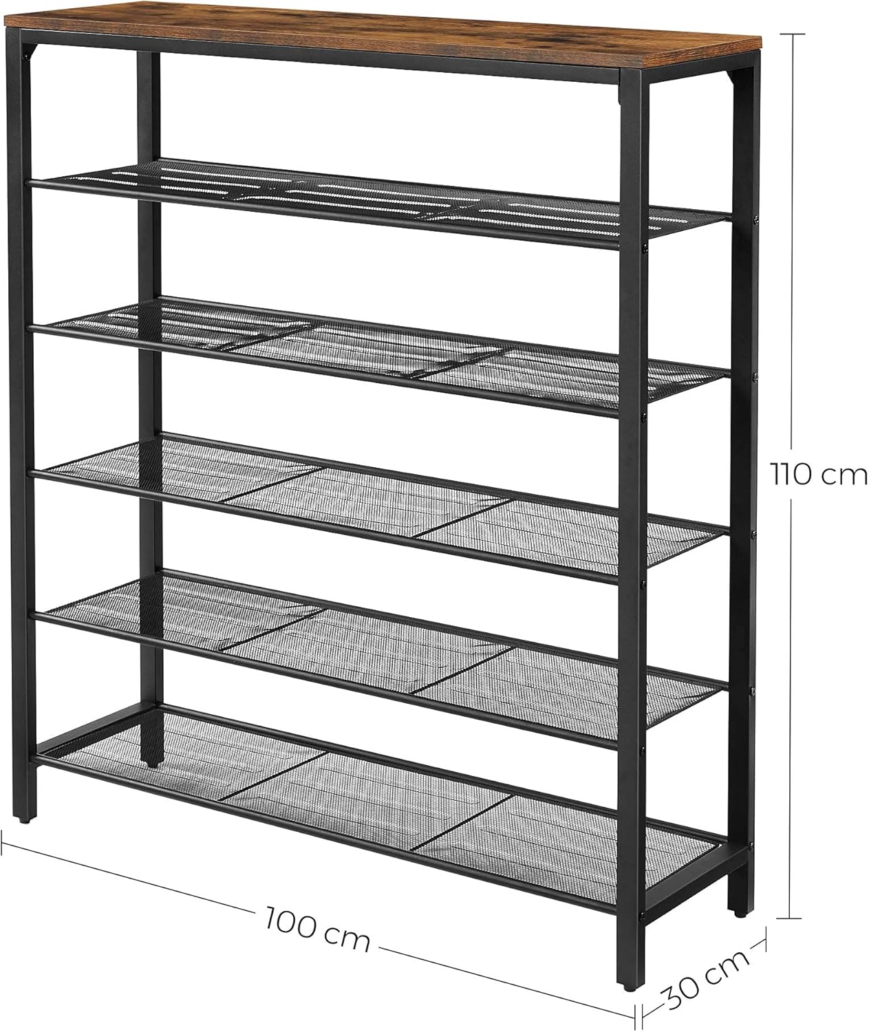 Schuhregal mit 5 Ebenen im Industrie-Design, 100 cm x 30 cm x 110 cm Vintagebraun + Schwarz