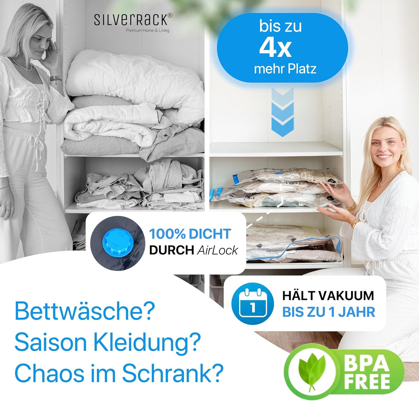 6er-Set Jumbo-Vakuumbeutel für Bettdecken, 6x Beutel - (6xXXL (90x130 cm))