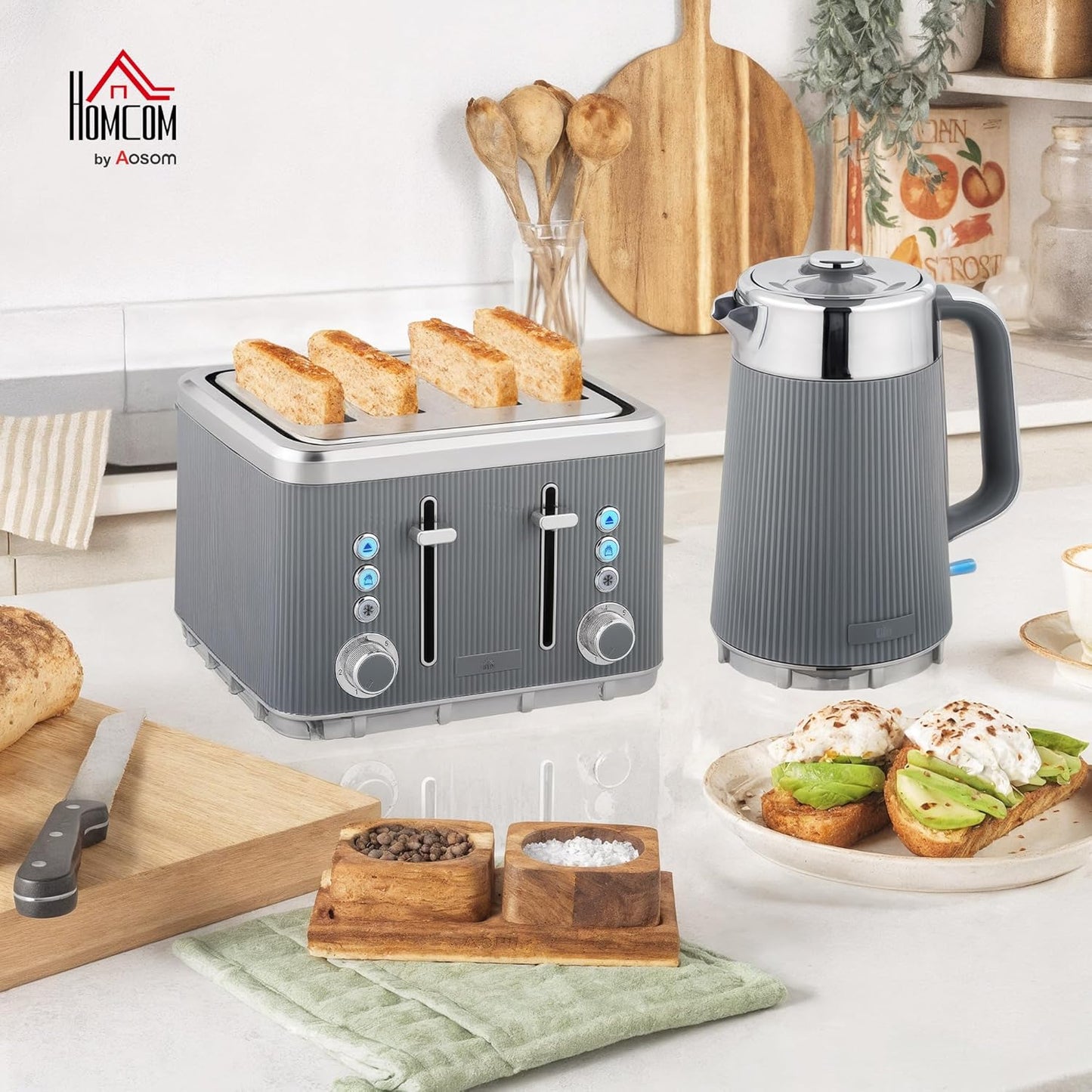Wasserkocher & Toaster Set mit Edelstahl-Innenraum, Grau
