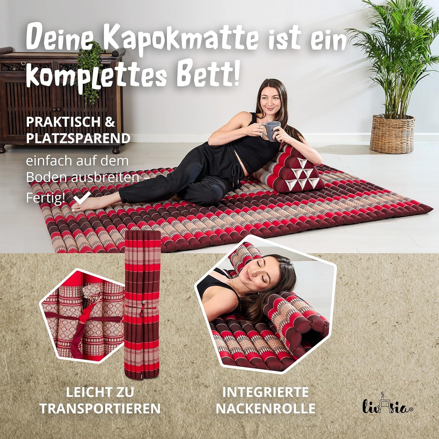 Rollmatratze Gästebett Thaimatte (L-200x145x4,5cm), XL (200 x 145 cm) Rubinrot