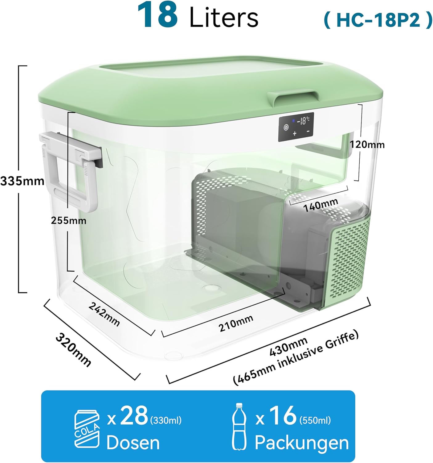 Tragbare Kühlbox für Auto & Camping, 18 Liter Grün