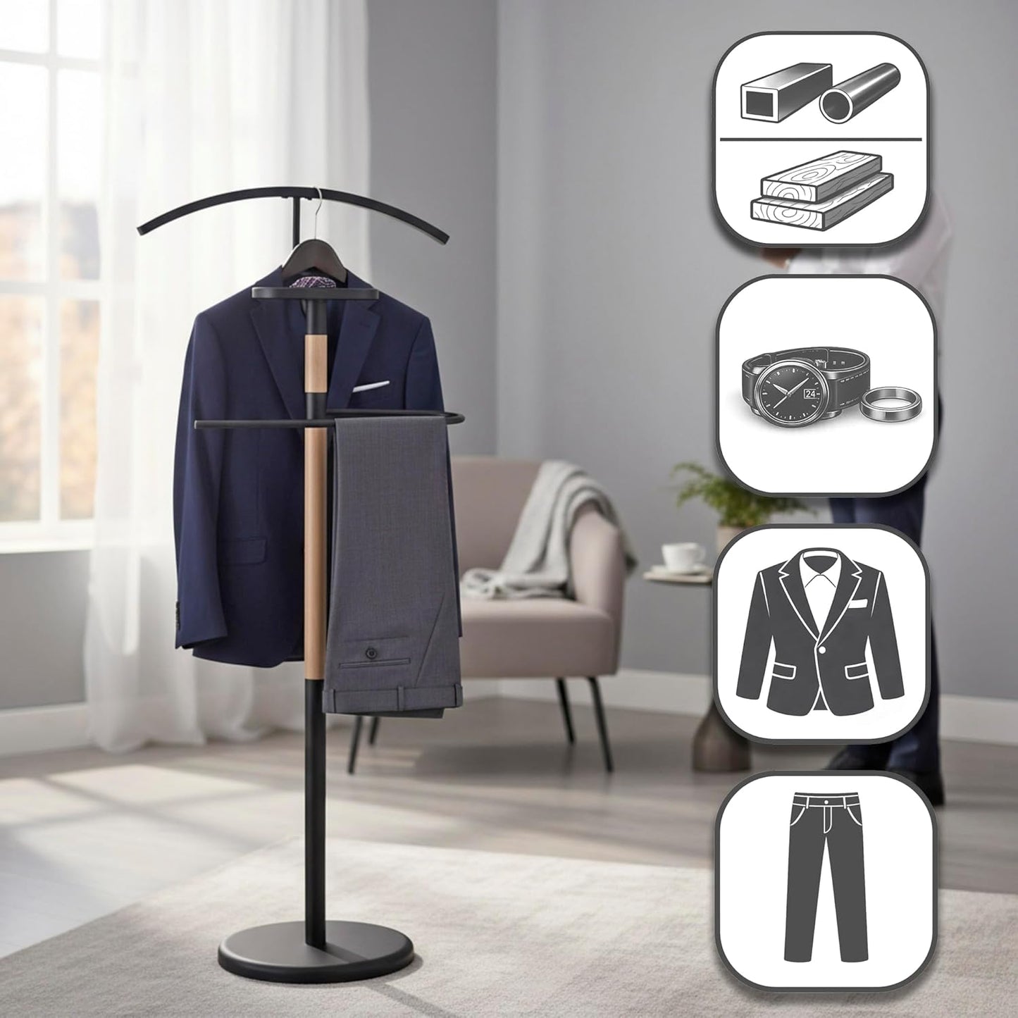 Herrendiener, Schwarz / Buche Massivholz