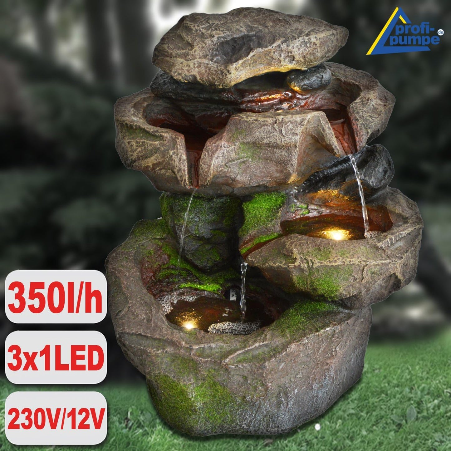 Zimmerbrunnen Stein-Kaskade Schwarzwald mit LED Lichtern, Gartenbrunnen Stein-kaskade Schwarzwald