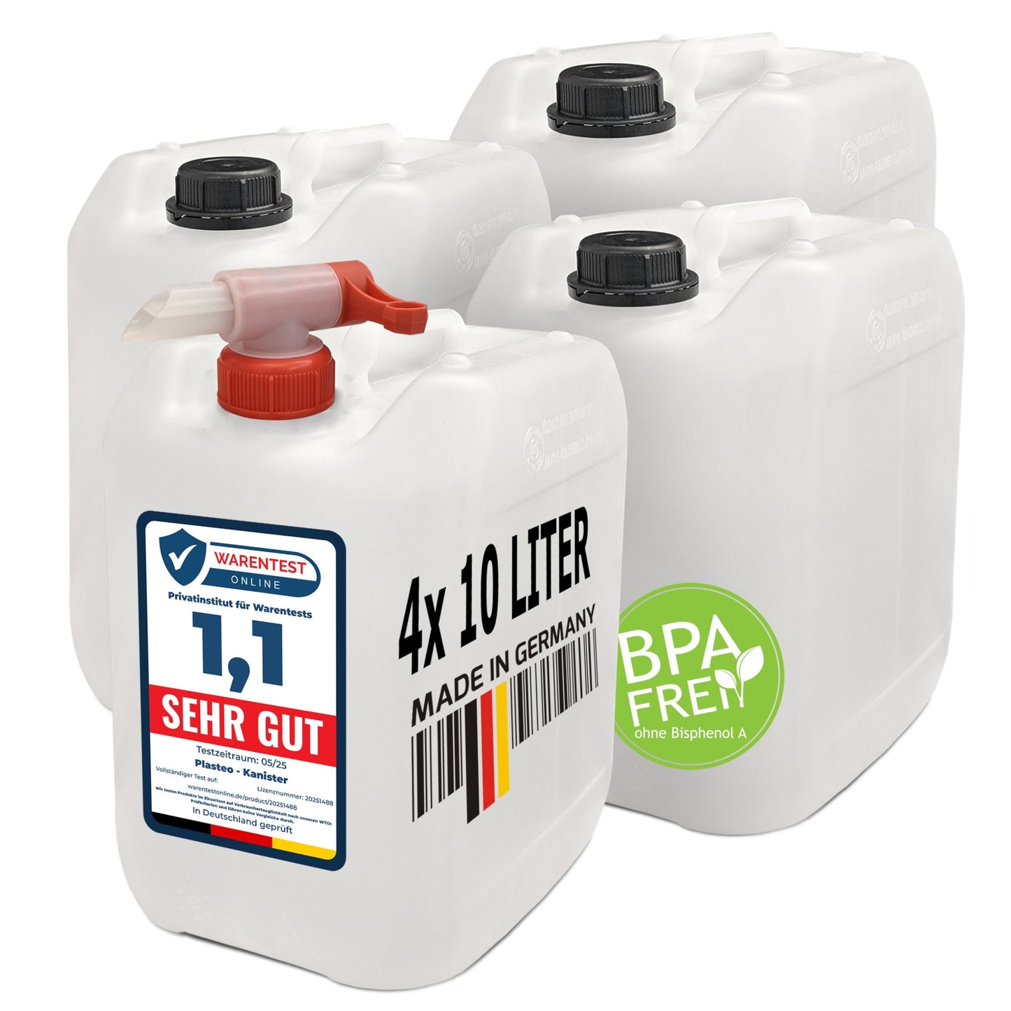 4er-Set 10L Wasserkanister mit Hahn, 4x10 Liter DIN 45 + 1 Hahn
