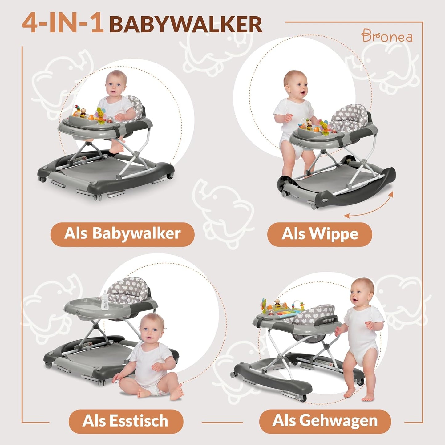 4-in-1 Babywalker mit Schaukelfunktion, Grau