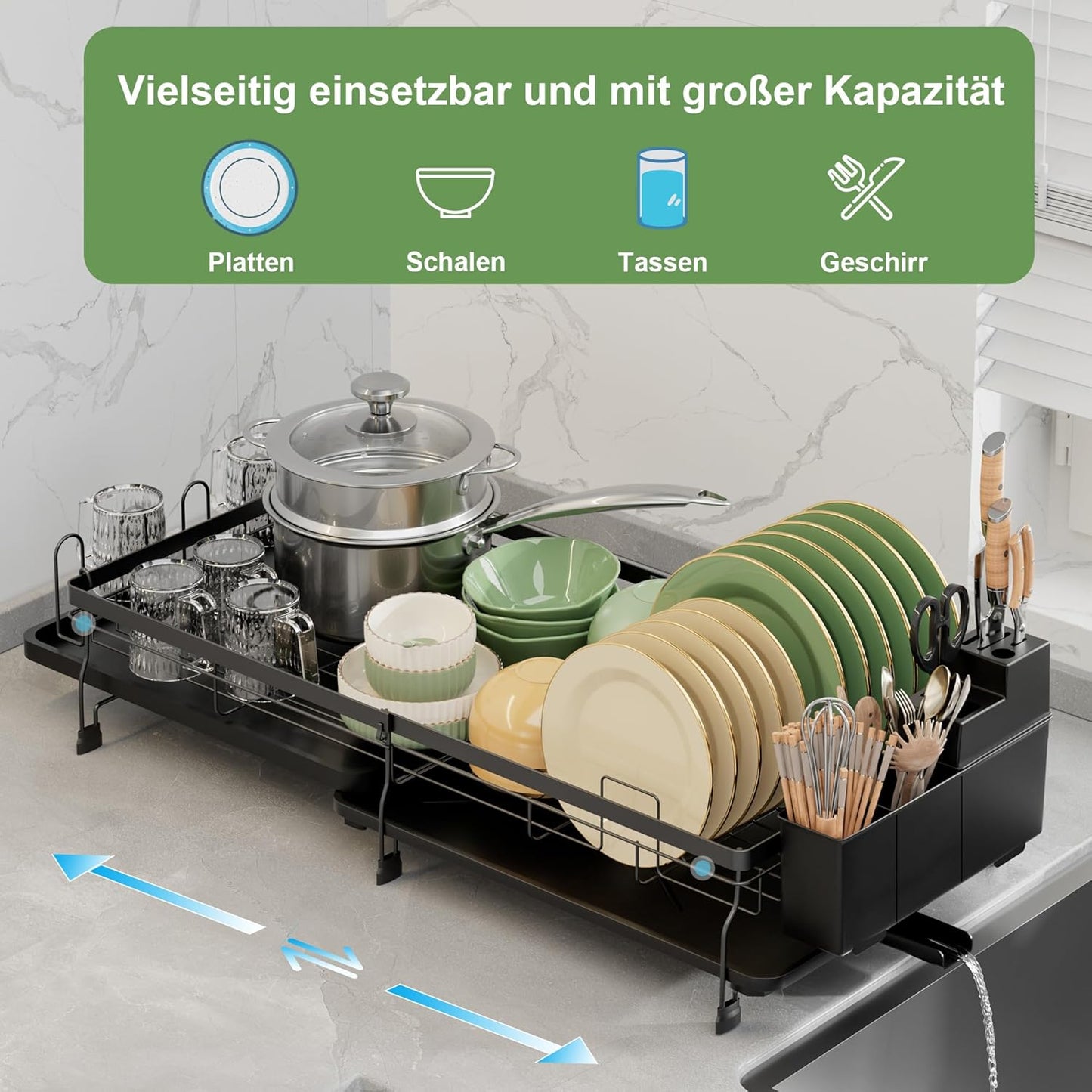Erweiterbares Abtropfgestell für Küchentheke, Schwarz - Ausbaufähig