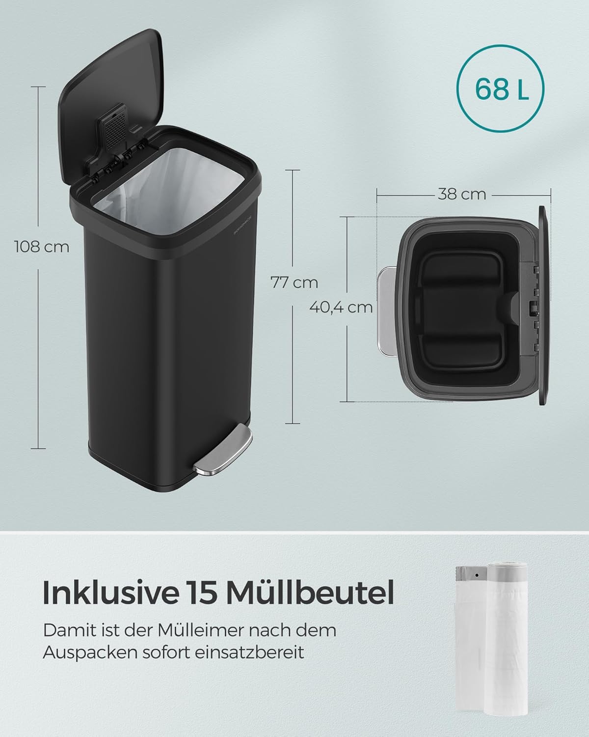 Tretmülleimer mit Kohlefilter und 15 Müllsäcke, 68 L Schwarz