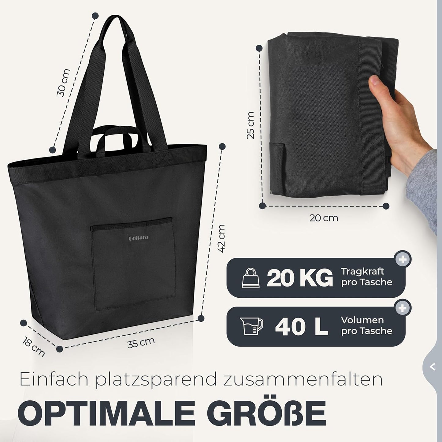 Grosse Einkaufstasche, 40L, Schwarz
