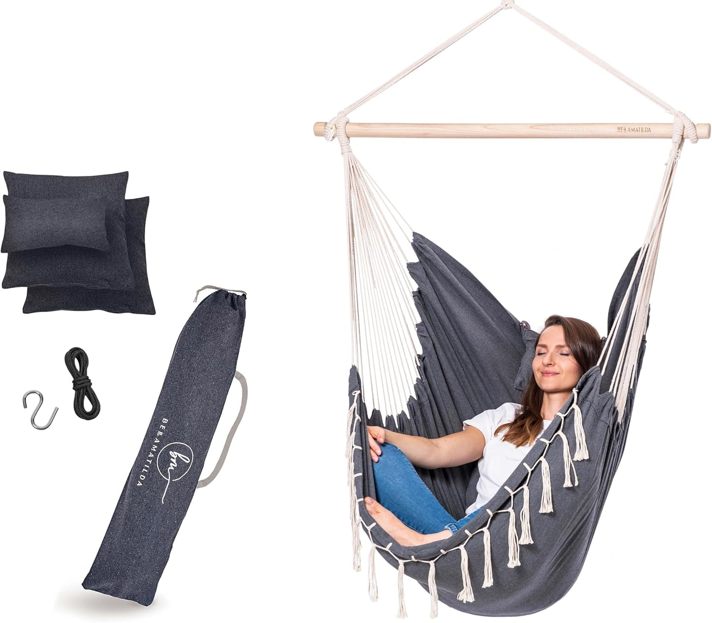 XXL Hängesessel mit Kissen, Grau-beige