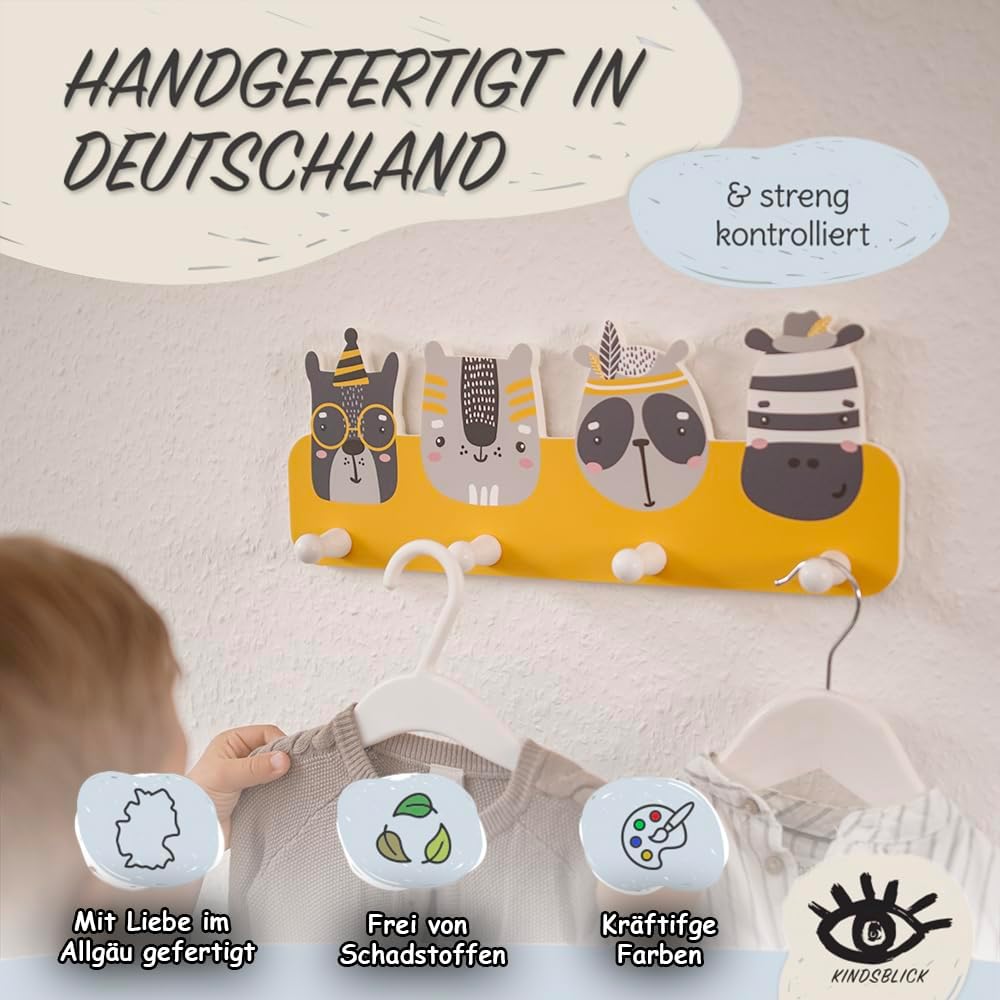 Kindergarderobe mit 4 Haken & A4 Poster, Indianer Senfgelb