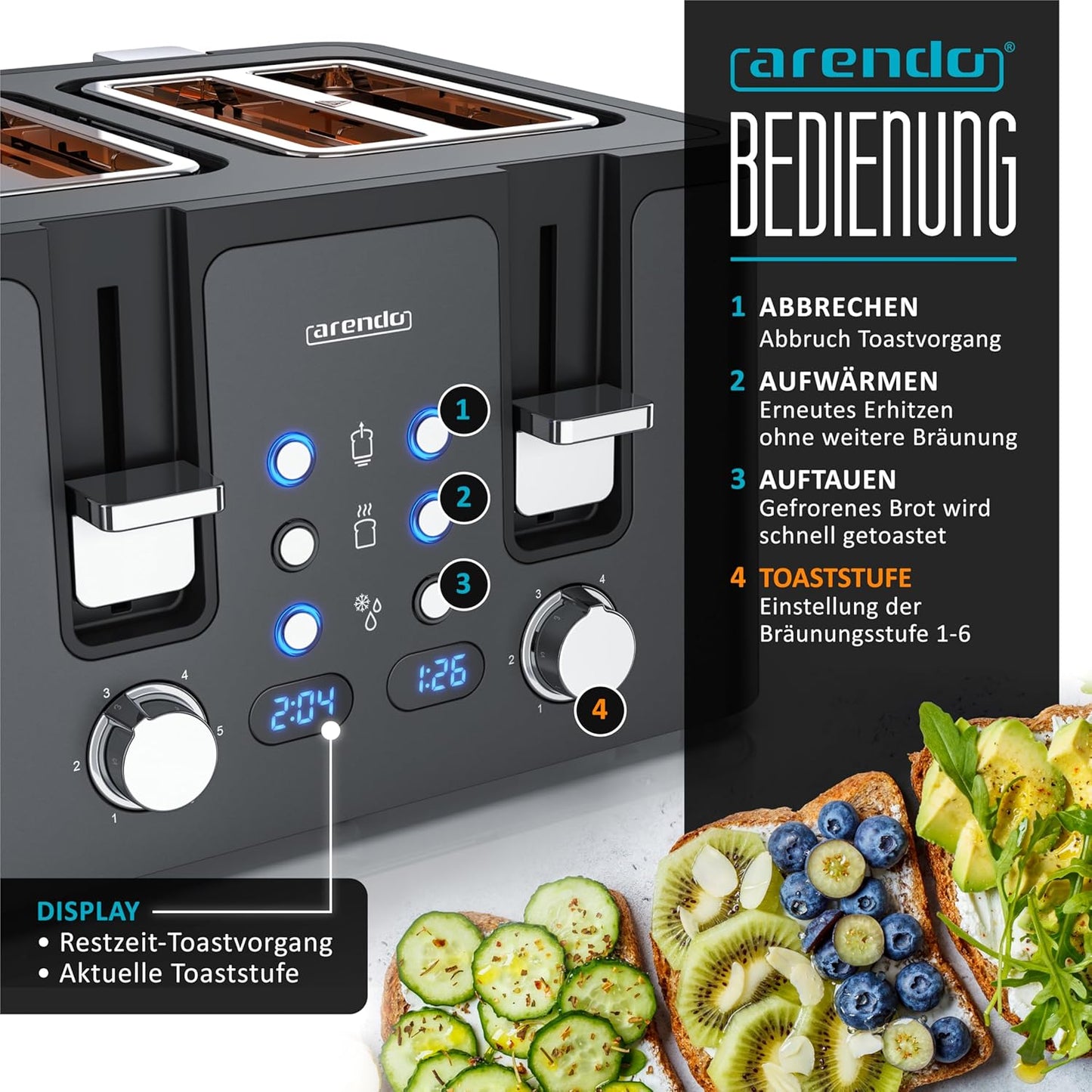 Toaster Manana X2 mit 4 Scheiben und Brötchenaufsatz, D: Cool Grey