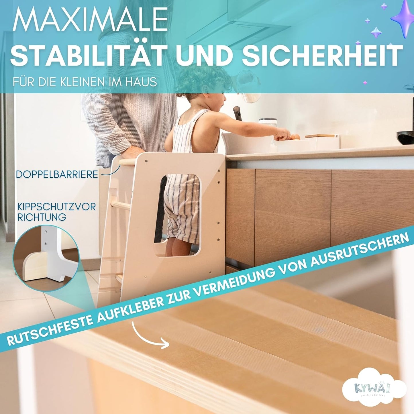 Höhenverstellbarer Lernturm mit Sicherheitsbarriere und Antirutschstreifen, Weiss