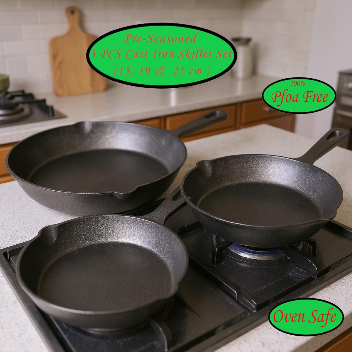 3er-Set Gusseisen-Pfannen, Pre-Seasoning Coating 3-teiliges Pfannenset