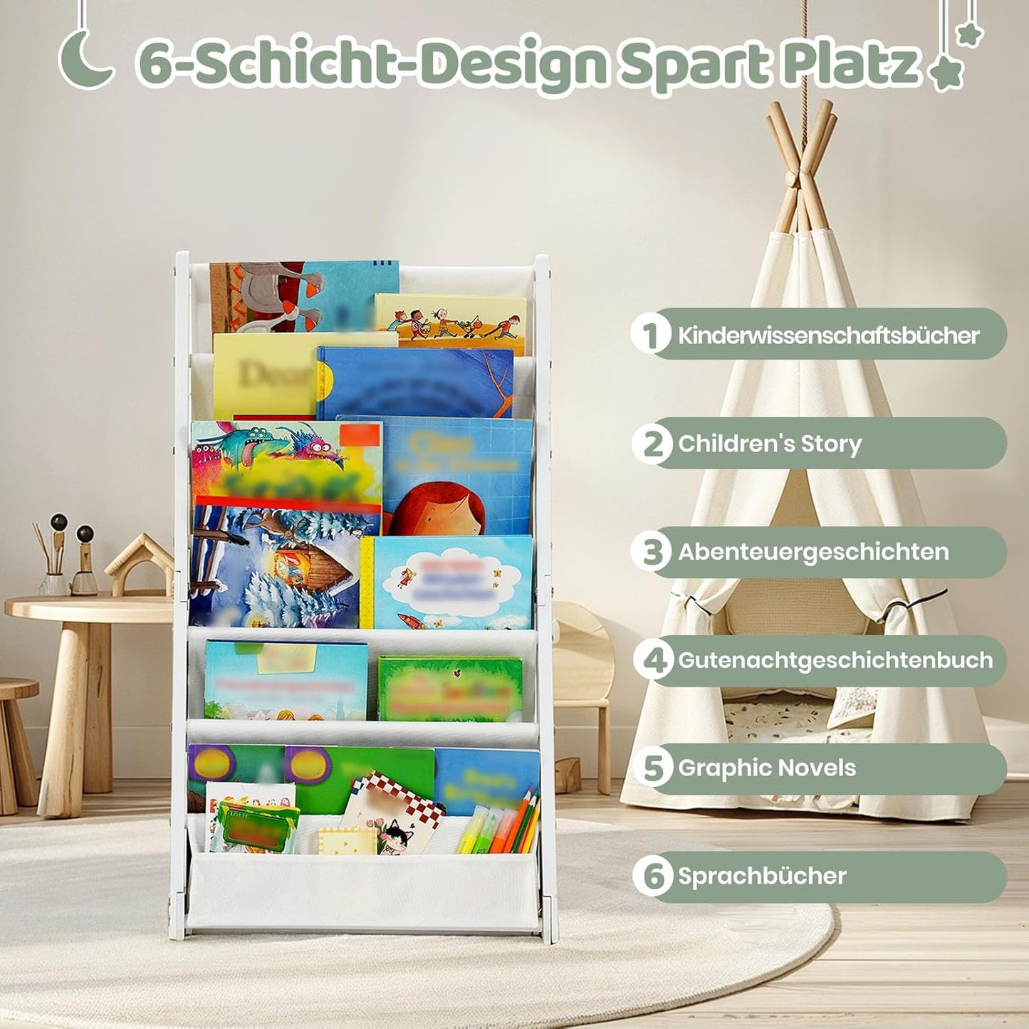 Kinder-Bücherregal aus Holz mit 6 Stofffächern, Weiss Medium