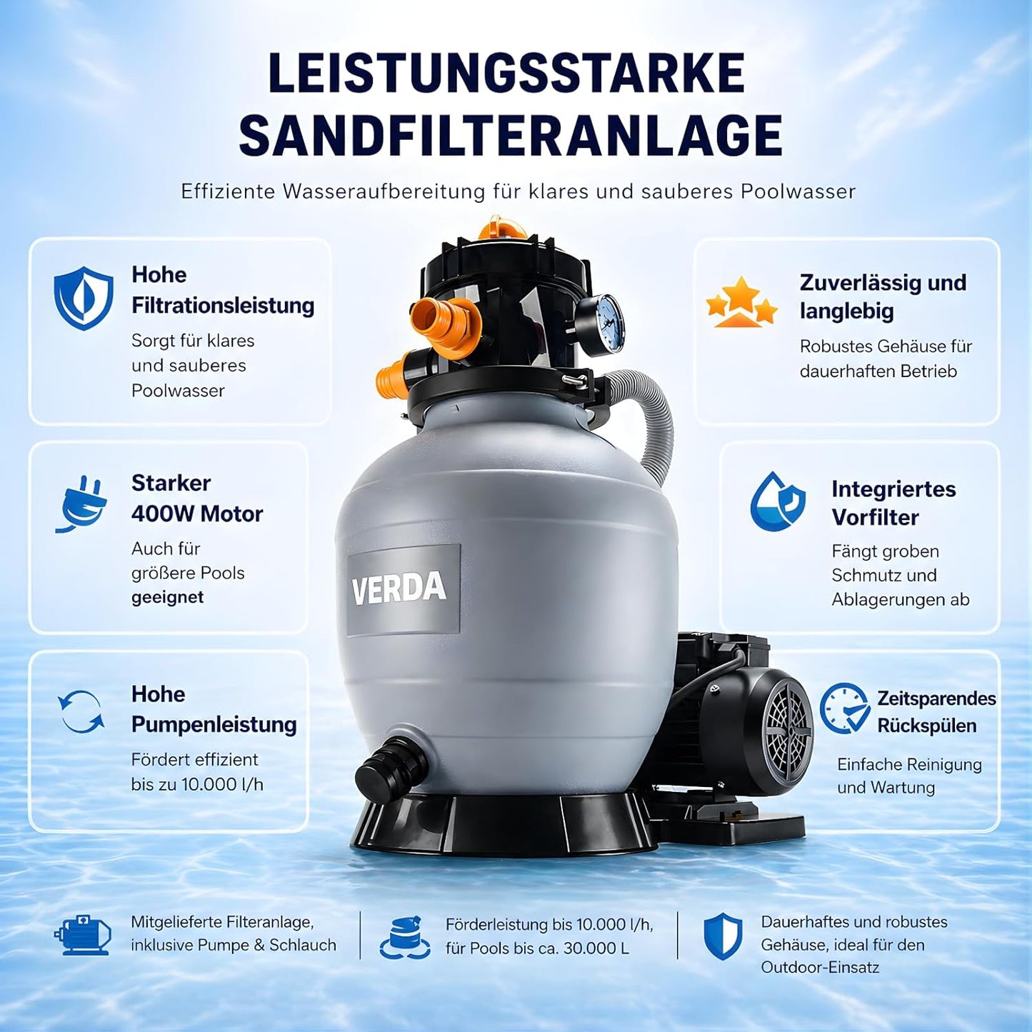 Sandfilteranlage Pumpe 10000 l/h mit Filterbällen, Pumpe 10 000 L/H
