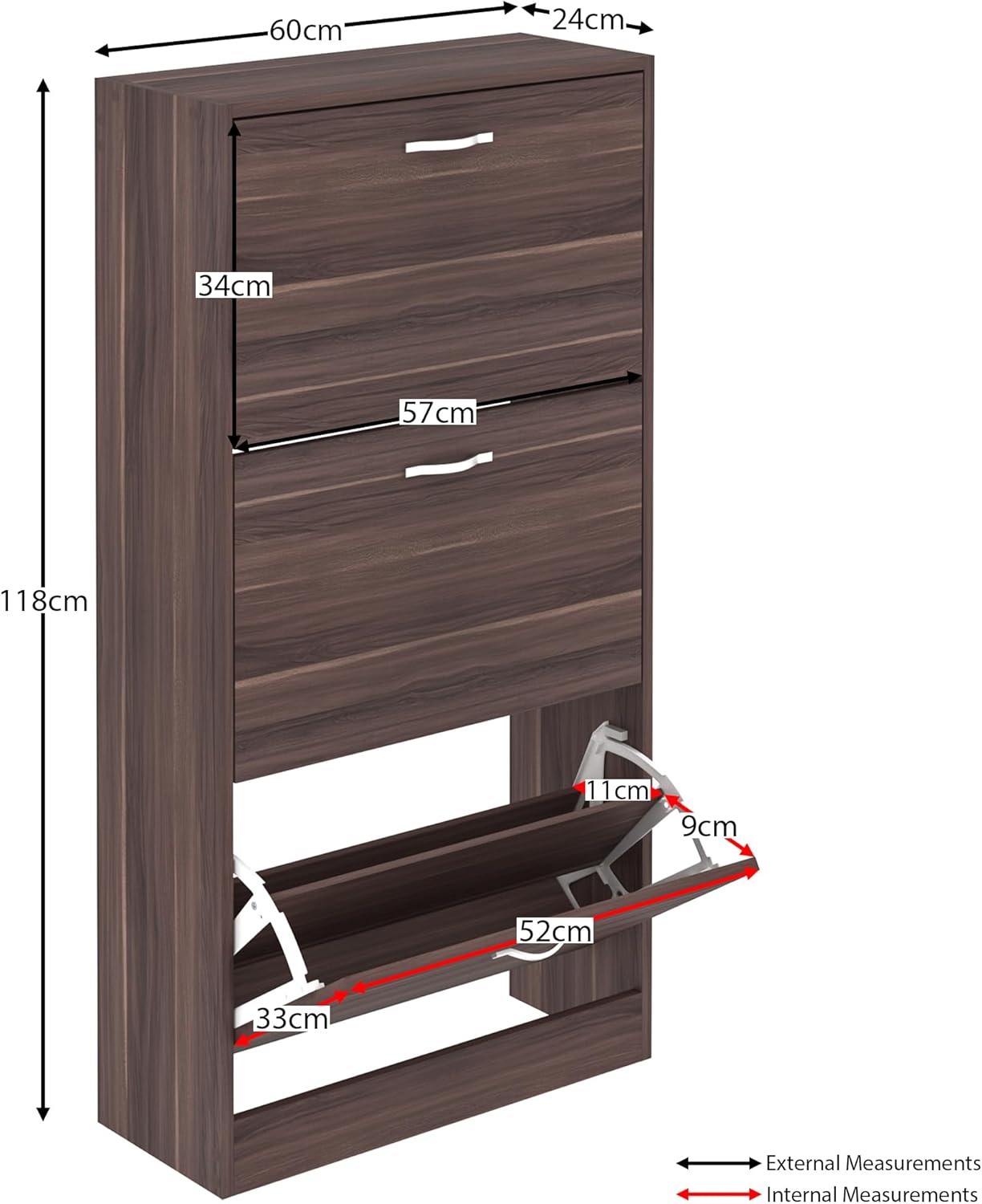 Schuhschrank mit 3 Klappfächern, Beige 3 Schubladen - Walnussbaumholz