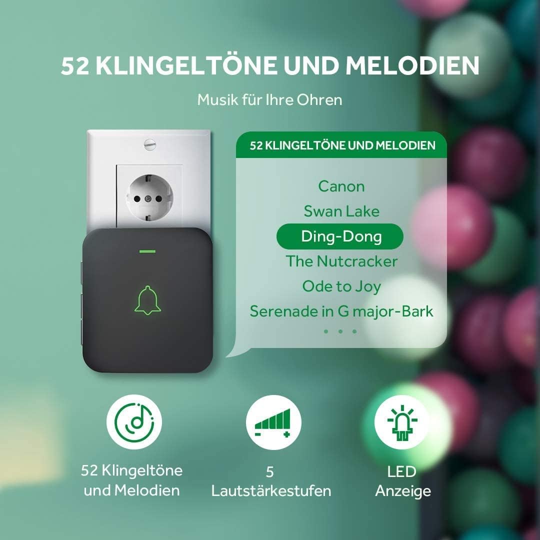 Funkklingel mit 52 Melodien und LED-Anzeige, Schwarz