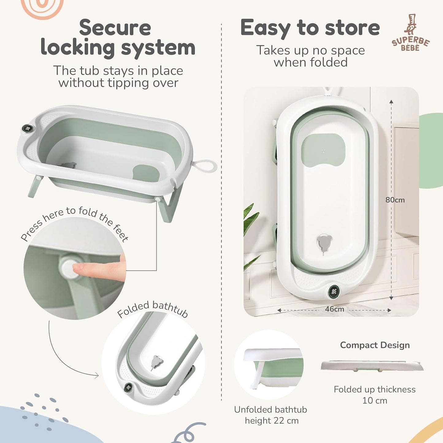 Faltbare Baby-Badewanne mit Badethermometer, Babywippe GRÜN