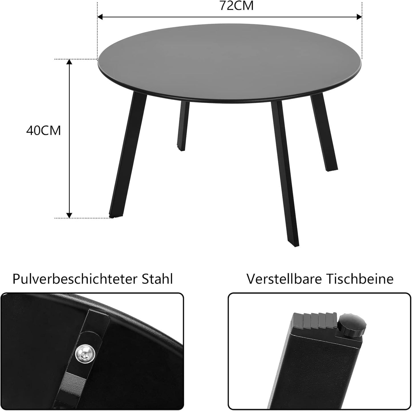 Beistelltisch mit verstellbaren Beinen, Ø 70x40H cm Schwarz