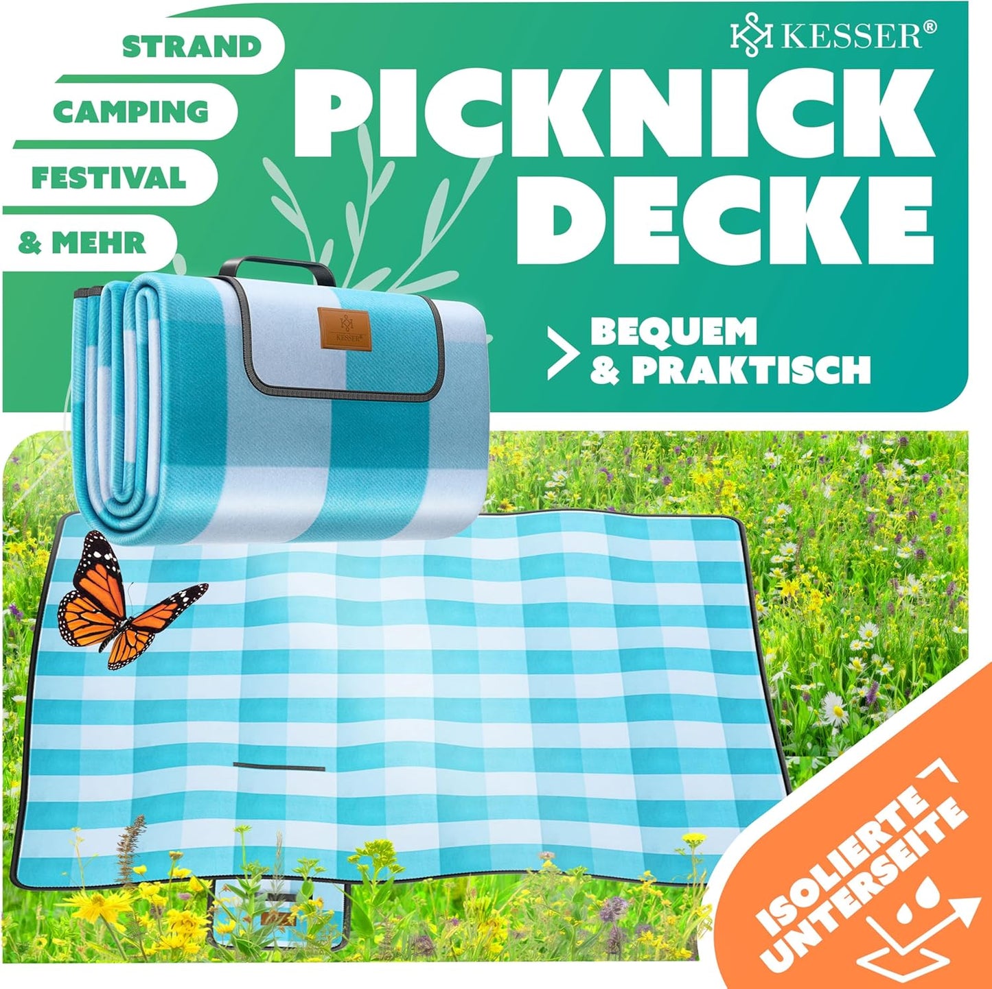 Picknickdecke, 200 x 200 cm (Quadratisch) Blau / Türkis