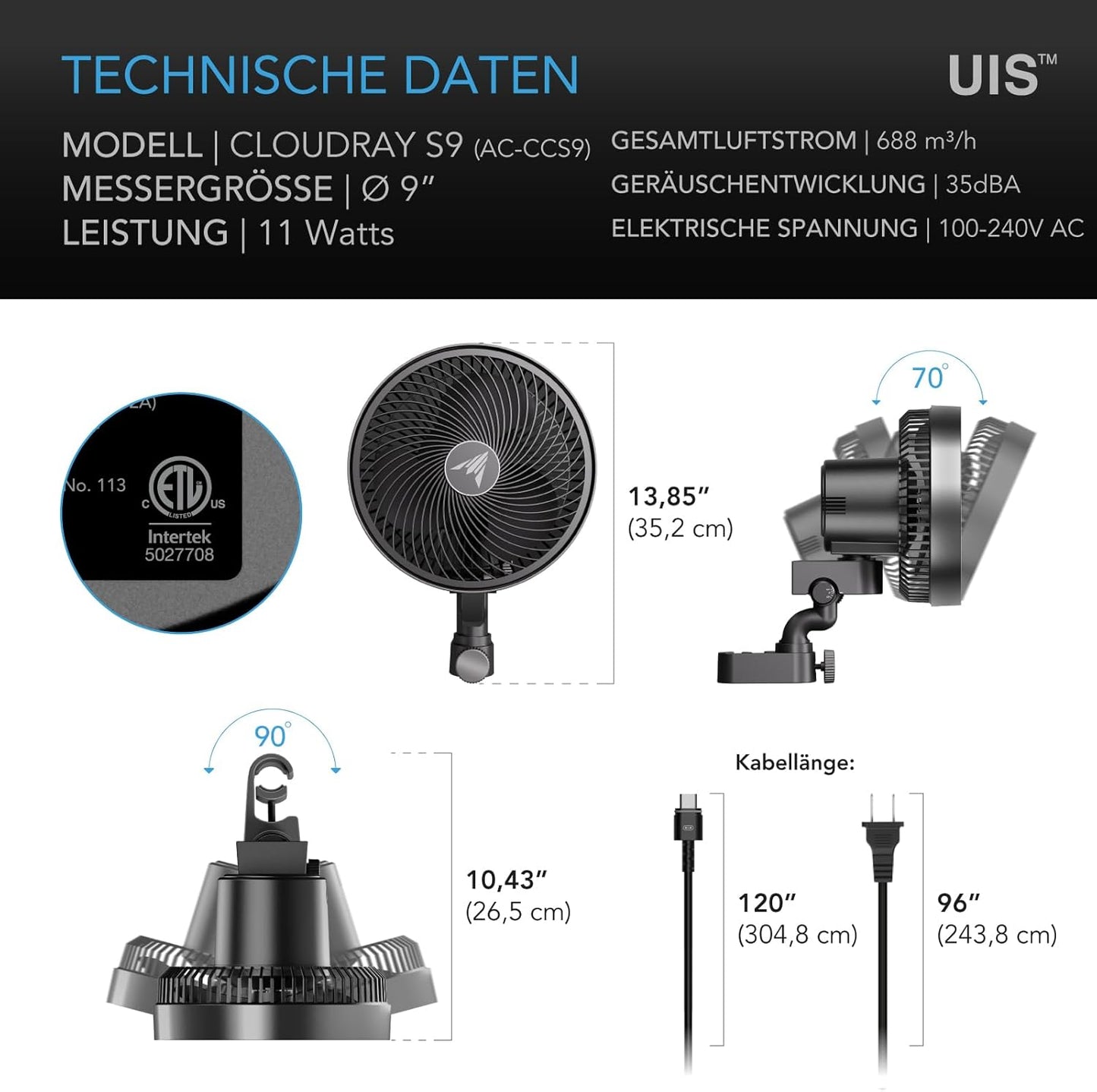 Cloudray S9 Clip-Ventilator für Grow Zelte, 230mm Automatic Oscillation