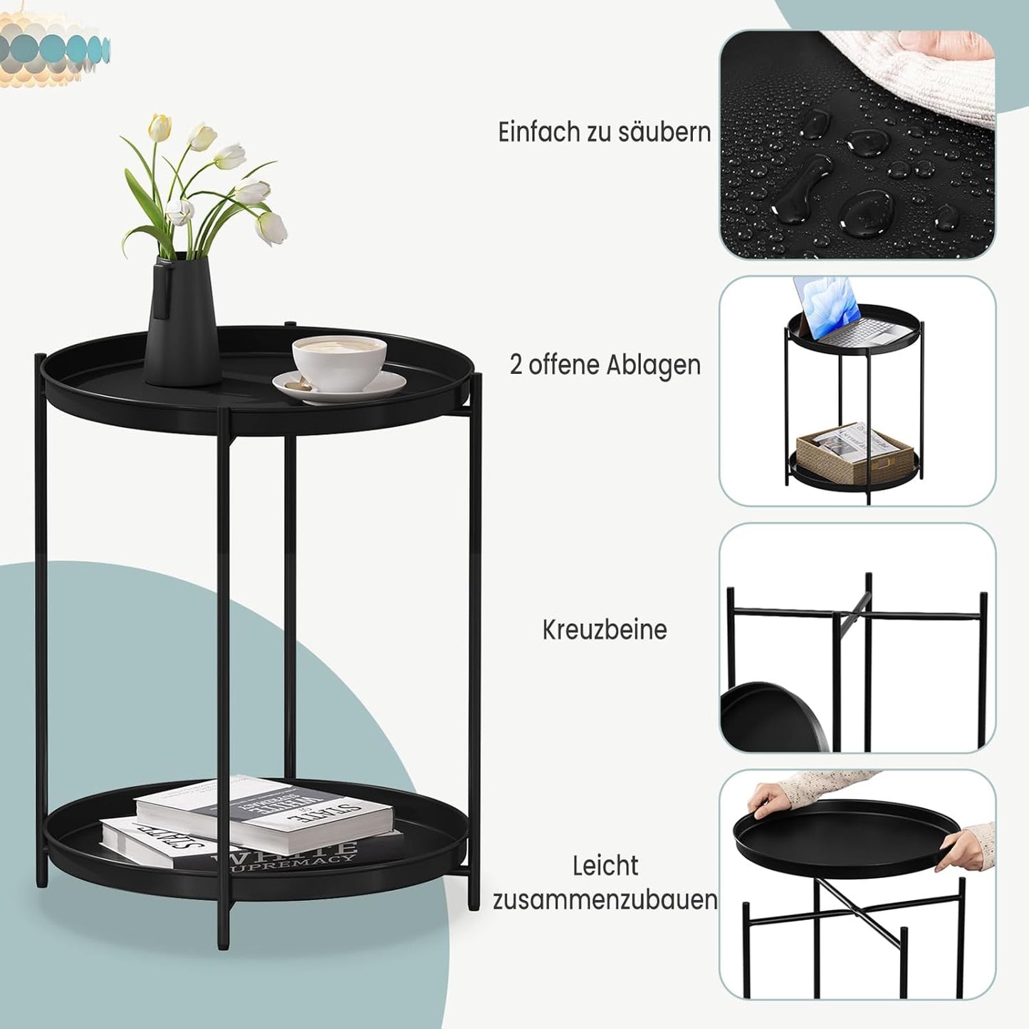 Beistelltisch mit Stauraum und abnehmbaren Tabletts, 44 x 53 cm (φ x H) Schwarz