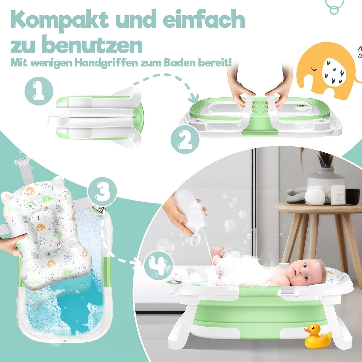 Faltbare Babybadewanne mit Thermostat & Kissen, Grün