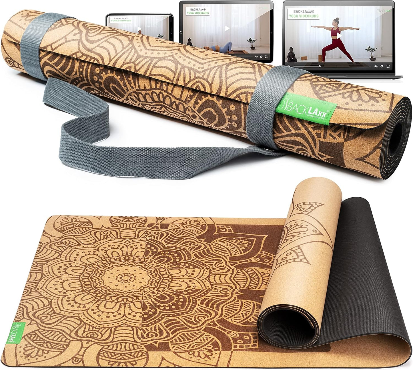 Rutschfeste Yogamatte Kork mit Naturkautschuk, inkl. Tragegurt, ACHTSAMKEIT