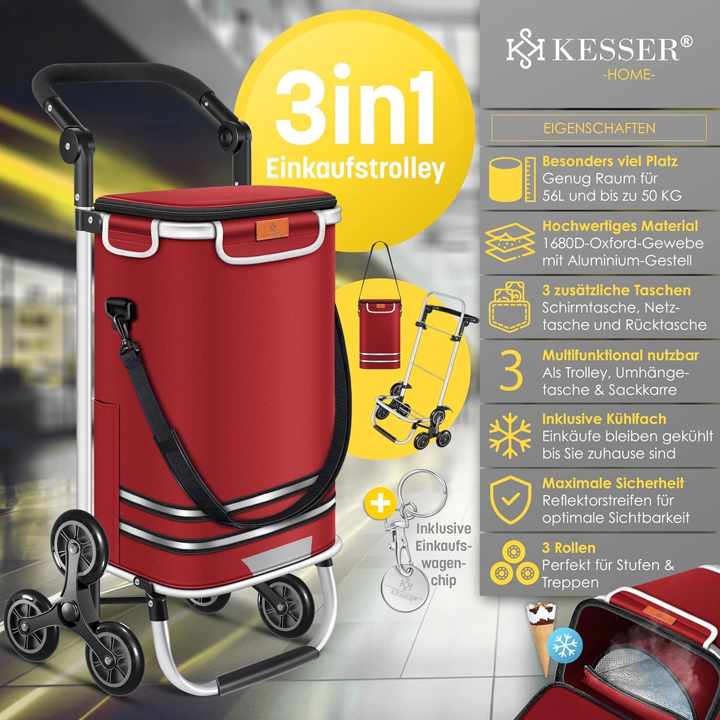 Einkaufstrolley Treppensteiger mit Kühlfach (56L), Bordeaux