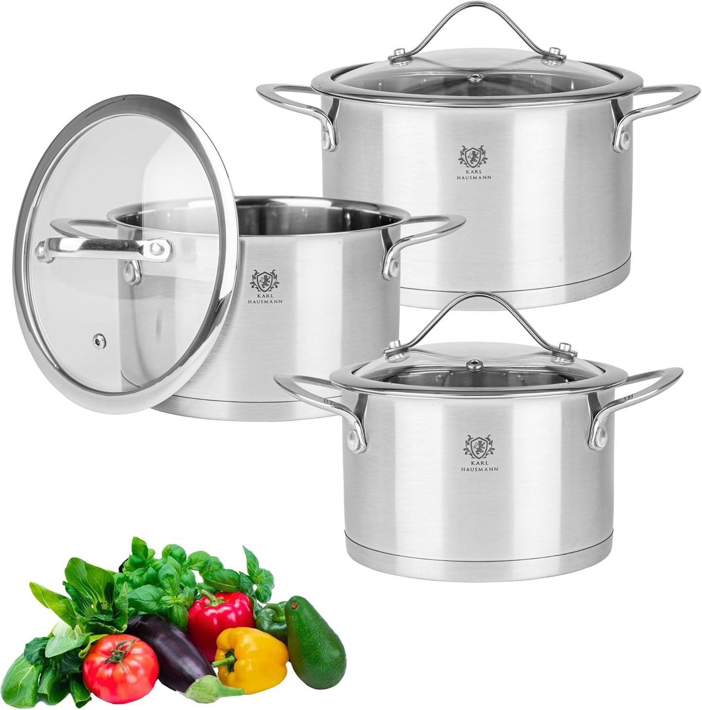 3-teiliges Induktions-Kochtopf-Set mit Glasdeckeln und Innenskala