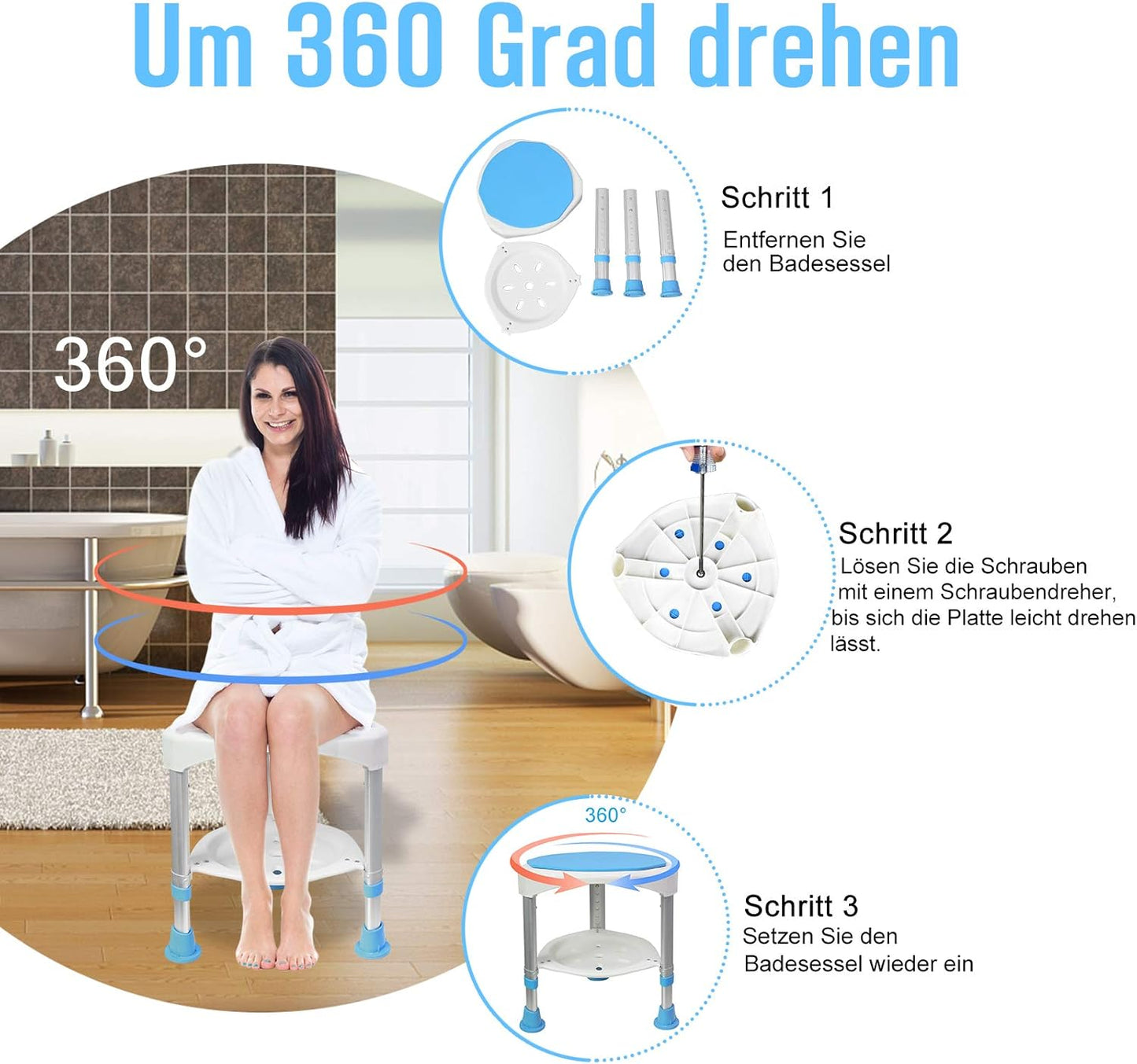Höhenverstellbarer & drehbarer Duschhocker (200kg Belastung), Duschhocker Höhenverstellbar 360°drehbarer - 1