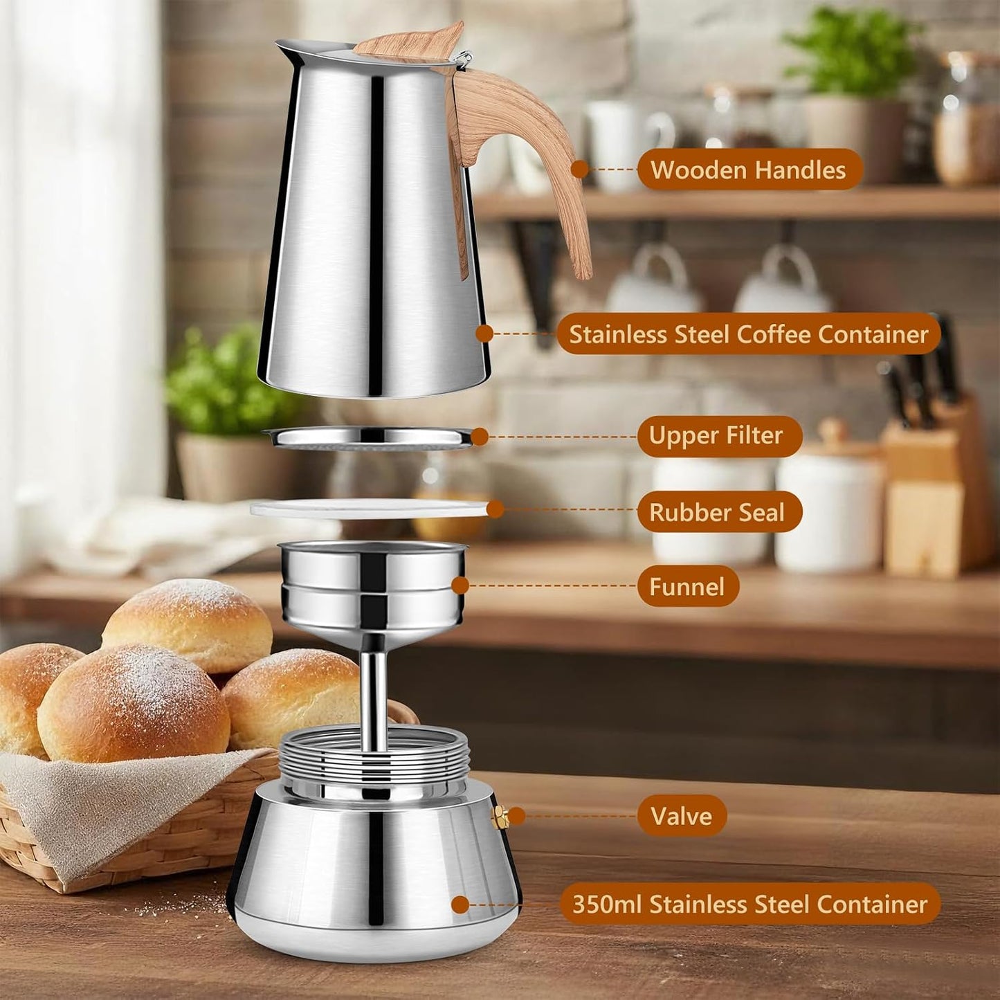 Edelstahl Espressokocher für 6 Tassen, induktionsfähig