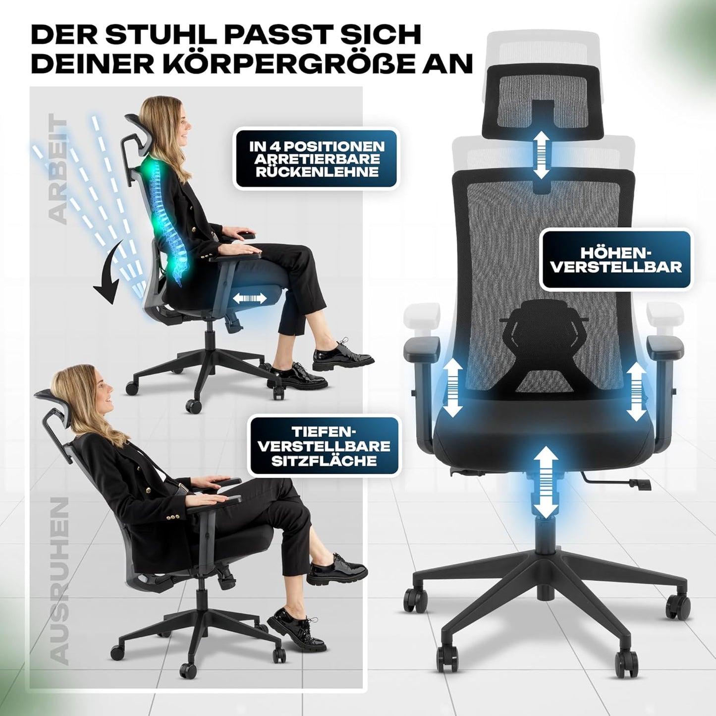 Ergonomischer Bürostuhl mit Kopfstütze und Armlehnen, M3 Komfort (Schwarz)