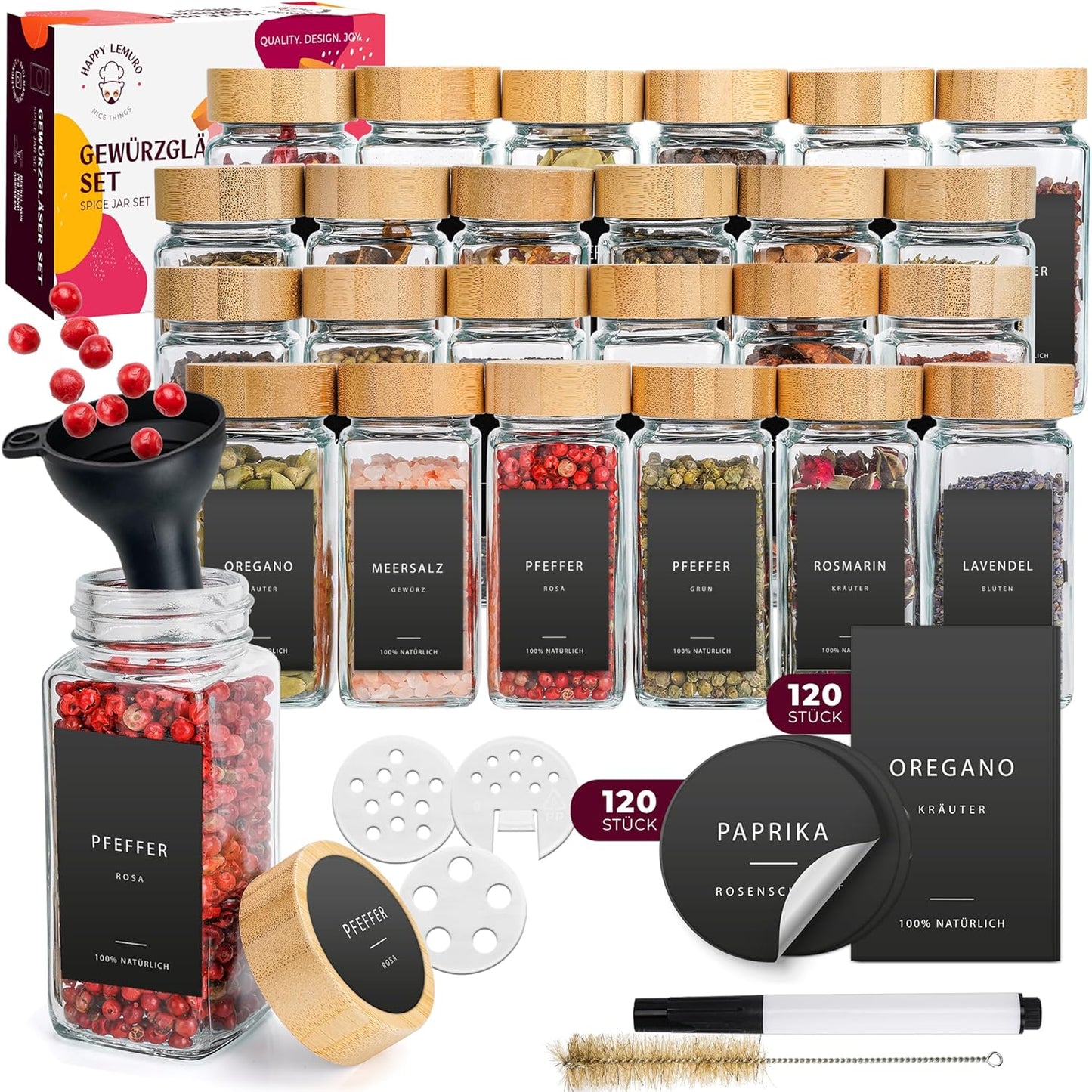 Gewürzgläser Set, Bambus - 24 - schwarze Etiketten