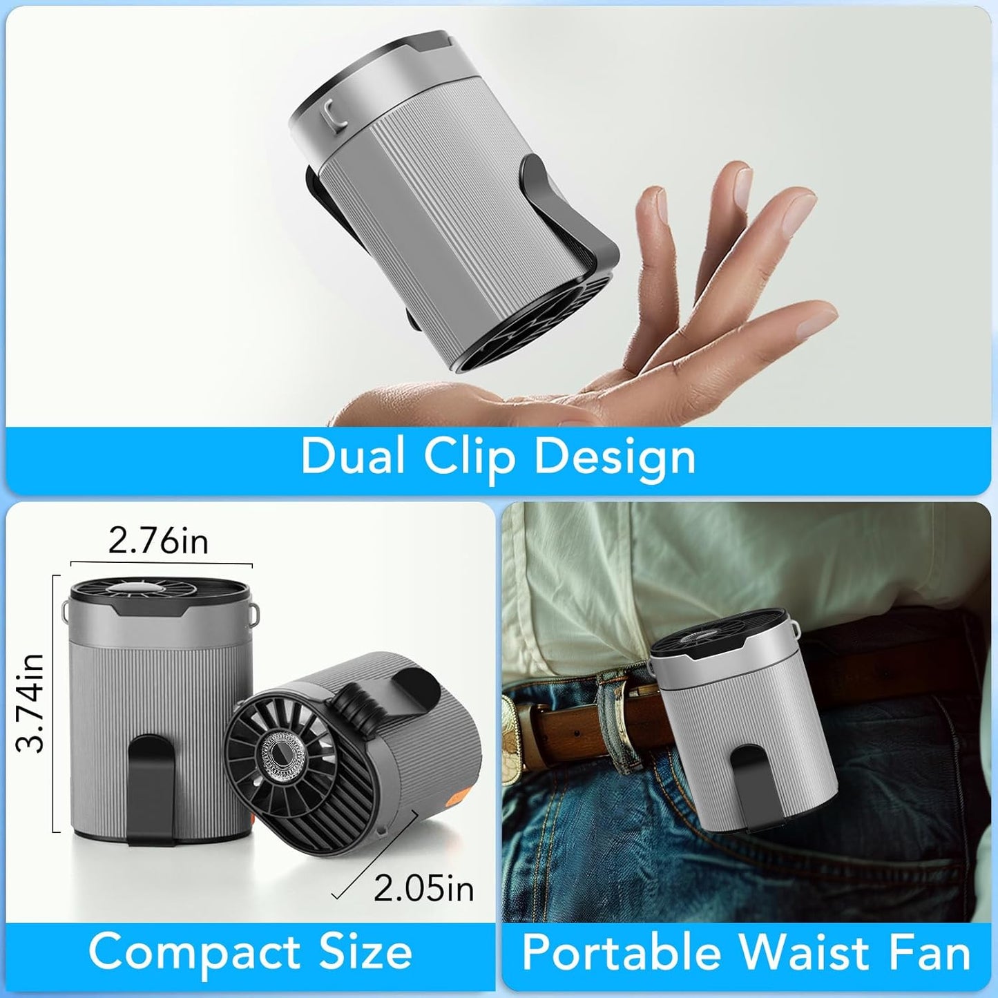 Tragbarer Akku-Ventilator mit Clip und 4 Stufen, Y1-grau